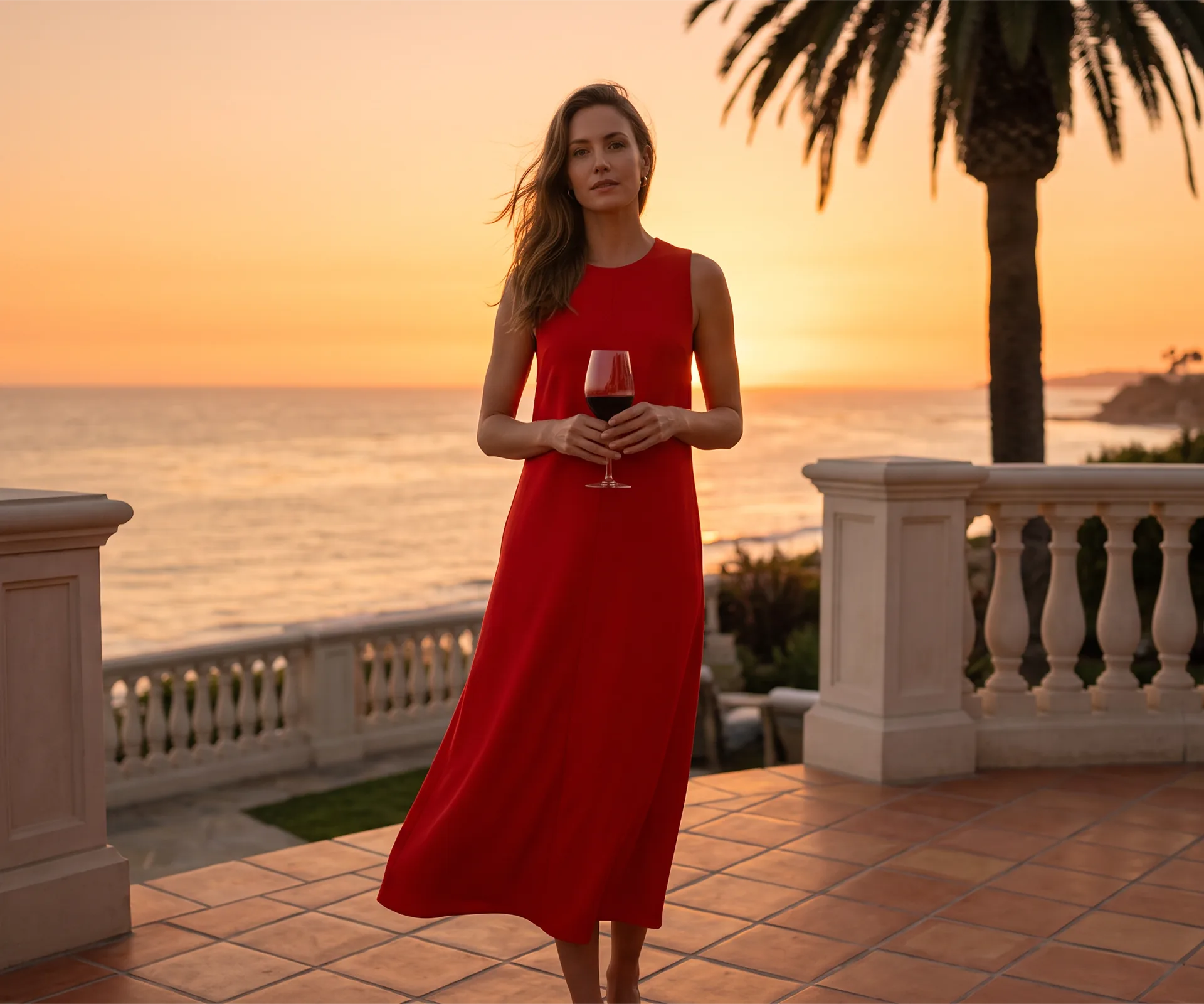 A model in a red dress at golden hour on a coastal terrace
